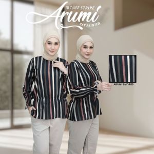 Blouse Stripes Arumi Material Premium Cey Printed Minimal Iron Belakang Ada Zip