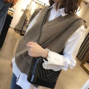 Autumn Winter Korean College Style Black Knitted V-neck Sweater Vest Women
