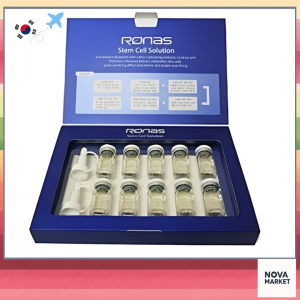 RONAS Stem Cell Solution Serum 5ml*10ea Pack - Beauty Skin Care Serum & Essence - Blue box with clear vials and white applicator.