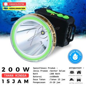 Senter Kepala Selam 200W Babon BB-S9 | Headlamp Diving Cahaya Putih Super Terang Outdoor Flashlight Tahan Hingga 15 Jam Baterai Lithium 6400mAh | Waterproof