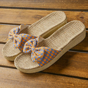 Free Shipping High-Heeled Bow-Knot Linen Slippers For Women Summer Indoor Home Slippers Thick-Soled Breathable With A Slight Wedge Heel Suitable For Both Indoor And Outdoor Wear