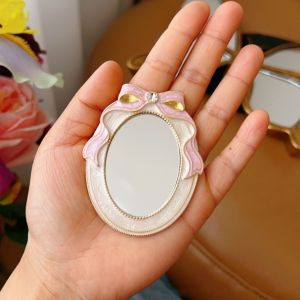 IVAOU Baroque Enamel Makeup Mirror Metal Frame Mini Crystal Bow Mirror Portable Vintage Lolita Embossment Mirror Travel Use