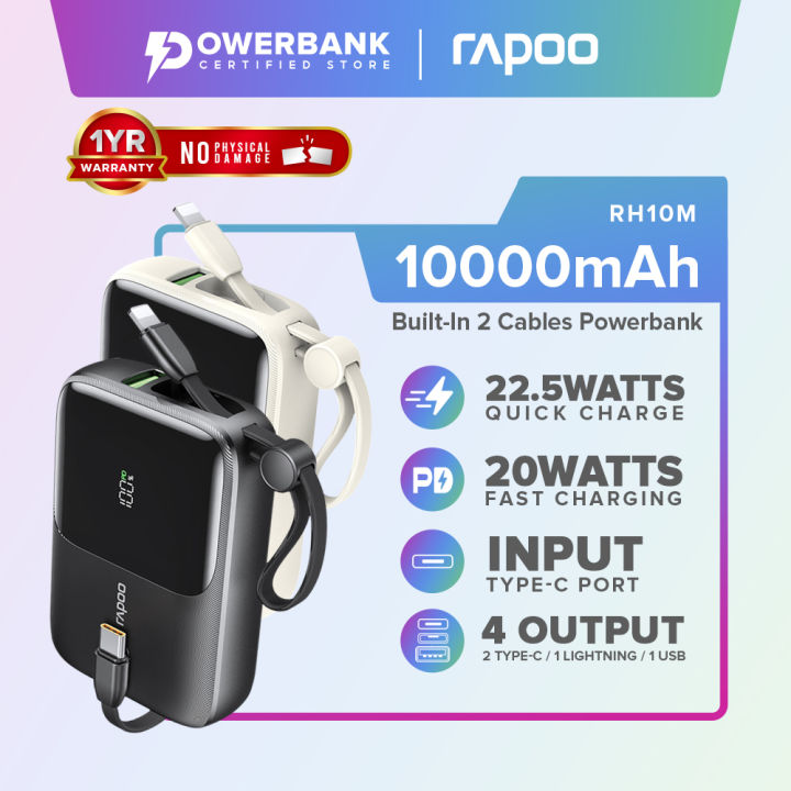 Rapoo RH10m Pro 10000mAh PD20W Lightning and Type C Cable Powerbank with Cord QC3.0 22.5W