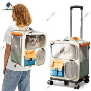 Cat Carrier Trolley Double Shoulder Backpack Pet Carrier Bag Rolling Castle Large Capacity Pet Cat Dog Travel Bag Breathable Detachable