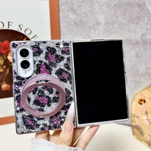 Leopard Glitter Case for Samsung Galaxy Z Fold8 Ultra/Z Fold8/Z Fold7/Z Fold6 Hard PC Leopard Print Cover with Kickstand Shockproof Aesthetic Protective Phone Case for Women