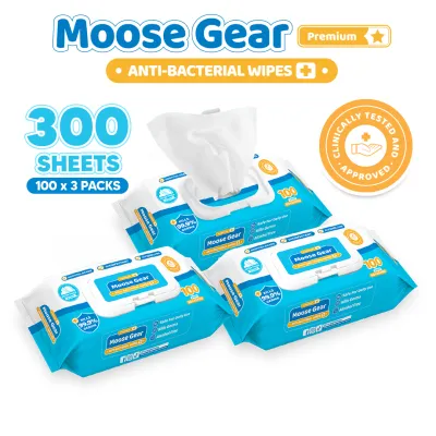 Moose Gear Baby Wipes Premium Antibacterial 300sheets 3PACKS Kills 99.9% Germs Thick & Soft