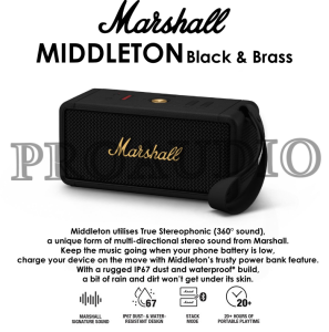 Marshall Middleton Speaker Portable Wireless Bluetooth Middle Ton Bergaransi Resmi - Black n Brass