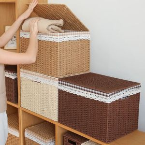 JUTBONG imitate rattan weave Foldable Storage Bin Plaid lining Large Capacity Laundry Storage Basket High Quality Space Saving Woven Closet Basket