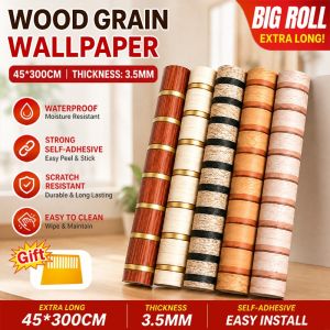 3D Wood Grain Wallpaper Roll 45×300cm Self Strong Adhesive Waterproof Moisture Resistant and Anti Detachment PVC Wall Sticker Decorative Peel and Stick Wall Decor Heat Resistant Stain Resistant Easy Remove for Home Bedroom Kitchen Living Room Decor