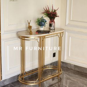 Meja Konsul Oval Klasik Top Marmer Krem