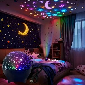USB RGB Starry Night Sky Projector Lamp with Moon&Stars Night Lights Auto Rotating Room Halloween Christmas Party Decorations