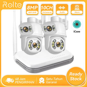 Rolte 8MP PAKTE CCTV 8 Saluran WiFi NVR 2 Kamera WiFi Ptz Lensa Ganda Warna Night Vision Aplikasi Icsee