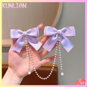 [KUNLIAN] Pearl Bow Tassel Hair Clip Elegant Solid Color Hair Claw Children Princess Hairpins Fashion Beauty Hair Accessories