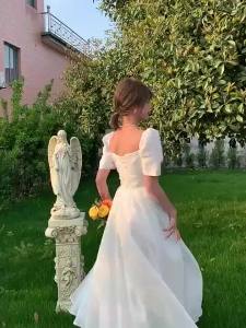 White Civil Wedding Dress French Princess Long Fairy Debut Dresses 02㏇X0407