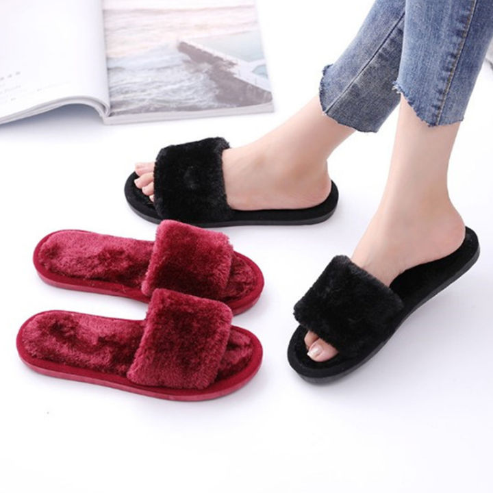 1pair Open Slippers Women Winter Fashion Fluffy Fur Slipper Home