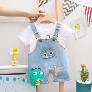Anak anak Anak laki laki Kaos dinosaurus kecil Celana Bib Denim Kapas Baju Katun Pakaian Setelan