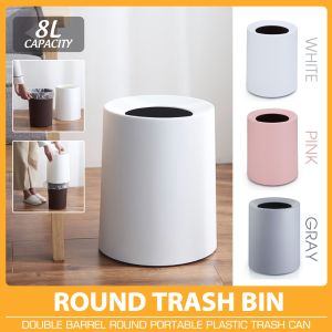 House of EQA 8L Round Garbage Bin Plastic Cylinder Dust Bin Portable Trash Can Double Barrel Design PP Non Toxic Waterproof Dust Proof Sturdy Double Handle Inner Barrel Recycling Bin Trash Can Garbage Bin for Office & Home Garbage and Recycling Bins