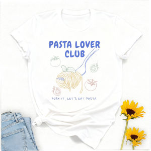 [Local Stock] HBESTY  Women Pasta Lover Club Spaghetti Tomato Sketch Print T Shirt Cotton Tee Food Theme Casual Outfit Ladies Summer Daily Loose Tops