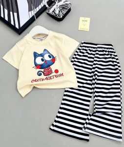 SETELAN BAJU KAOS ANAK PEREMPUAN MOTIF KITTEN 1-6 TAHUN MODEL CELANA SALUR