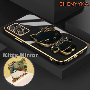 CHENYYKA Casing Ponsel untuk Samsung A52 5G A52s 5G A51 M40s M51 Case silikon HP pelindung lensa penuh Casing ponsel dudukan ponsel lipat cermin Kitty kreatif Kesing lunak pelapis mewah Softcase