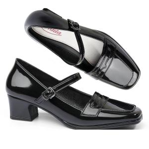 Womens black shoes stylish square-toe 5CM black shoes rubber non-slip student black shoes waterproof black shoes suitable for work wear 0100523