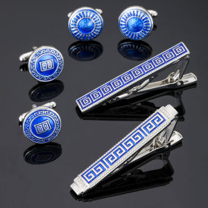 Fashion Creative New Enamel Blue Retro Pattern Design Metal Tie Clip Cufflinks Hot Selling Versatile Business Formal Accessories