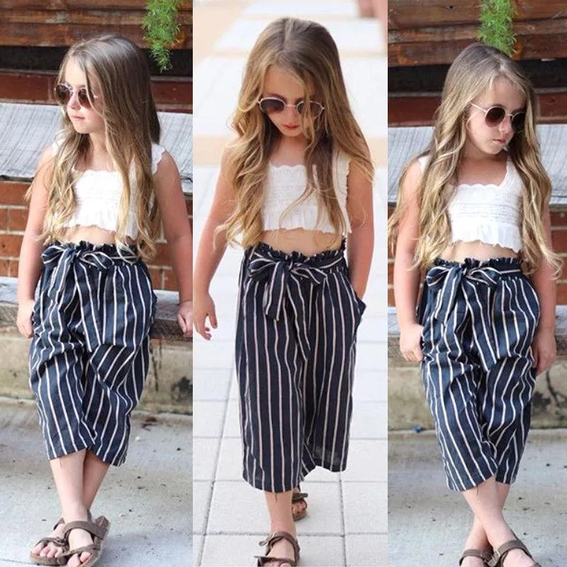 Striped Lace Kids Toddler Girl Off Shoulder Crop Top Long Pants Outfits  Clothes 