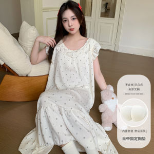 Sweet Flutter Sleeve Nightgown with Chest Padded Woman Girls Summer Striped Cloud Cotton Long Sleep Wear Dress Casual Home Clothes Can Be Worn Outside