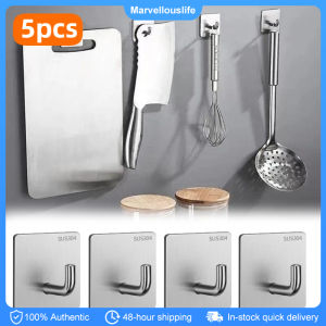 5pcs Stainless Steel Wall Hook Self Adhesive Kitchen Bathroom Key Hanger Heavy Duty Strong Hooks