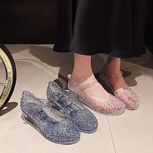 [Free Shipping] Fashionable womens sandals for outdoor wear crystal womens shoes wedge sandals mid-heel one-strap buckle closed-toe summer sandals