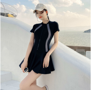 Bikini đồ bơi đi biển một mảnh dây kéo đen phối xám tay ngắn form váy có quần bảo hộ VATIXA BKN-126