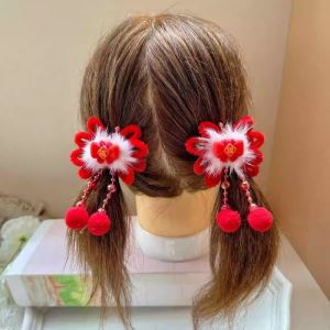 2pc New Year Red Children Kids Chinese style Bun Headwear Hair Accessory Cute festive Plush hairclip