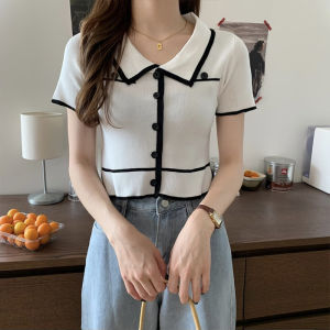 🍒 T-shirt Thin Summer Sweet Polo Collar Short-sleeved Knitted Sweater Top Women