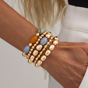 LIVELYN Multi Color Resin Bead Bracelet Gradient Hue Irregular Shape Gradient Hue Bracelet Stackable Design Elastic Cord Bracelet Beach Vacation