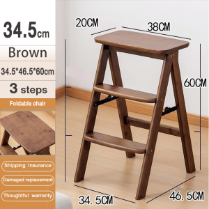 Chair Step Stool Ladder Wooden 3-Step Chair with Storage Shelf | Kitchen Helper Multi-Purpose Space Saving Home