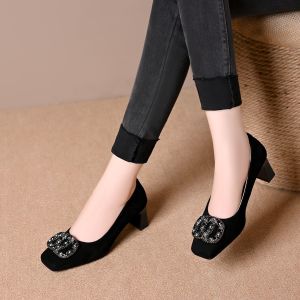 Free Shipping Retro Chunky Heel High Heels For Women 2026 Spring New Collection Versatile For Work With Rhinestones Soft Leather Shallow Toe Square Toe Flats