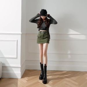 《812》YIMEI Thiết kế thời trang cảm giác váy quần váy công sở váy denim ngắn váy nữ co giãn đa năng eo cao váy A-line nửa dài váy ôm hông jean nữ