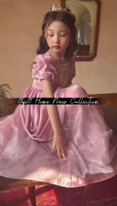 Girls Pink Princess Dress Puff Sleeve Lace Sequin Tulle Ball Gown Kids Birthday Party Flower Girl Wedding Formal Dress