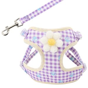 IPIE2 Soft Mesh Dog Harness Leash Set Breathable Vest Type Dog Chest Strap Pet Supplies with Flower Fashion Plaid Harness Small Medium Dogs