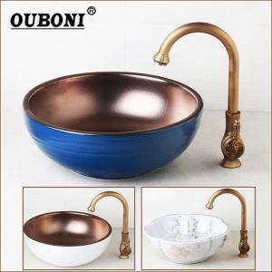 LDIES Ceramic Bathroom Basin Set Styles Hand Painted Art Vessel Sink Antique Brass Hot Cold Counter Top Sink Mixer Tap H1M6T