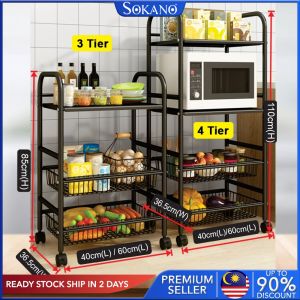 SOKANO KR064 Multipurpose Powder Coated Steel Kitchen Rack with Drawer and Wheel Kitchen Trolley Rack Storage Rack Kitchen Organizer Rak Dapur