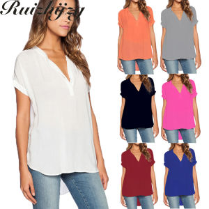 Ruizhijzg Áo Thun Nữ Tay Ngắn Vải Voan Dáng Rộng Trang Phục Công Sở Thời Trang Mùa Hè Mới Áo Nữ Thanh Lịch Cổ Chữ V Ngoại Cỡ Màu Đen Trắng Maroon Xám Xanh Dương Ngoại Cỡ Màu Trơn Áo Cánh S-4XL
