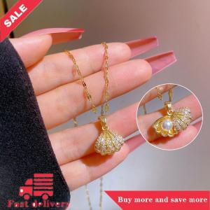 [COD] Pearl Necklace For Women Full Of Rhinestones Shell Titanium Pendant Necklace Non Tarnish Metal Necklace