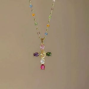 LUXEMO Y2K Cross Pendant Necklace Colorful Zircon Zine-alloy Beads Necklaces Crystal Beaded Clavicle Chain Women