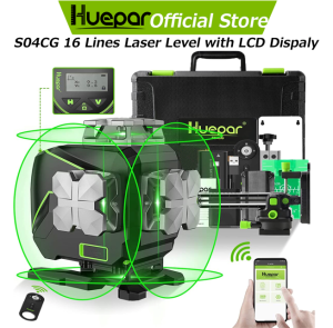 Huepar Laser Level S04CG 16 lines 4D Cross Line Bluetooth & Remote Control Functions Green Beam Lines With Hard Carry Case Professional Measuring Tools