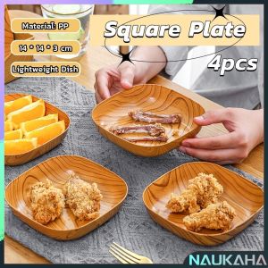 NAU.K 4pcs Plate Set Kitchenware Plastic Wooden Design Square Snack Tableware Kitchen Supplies