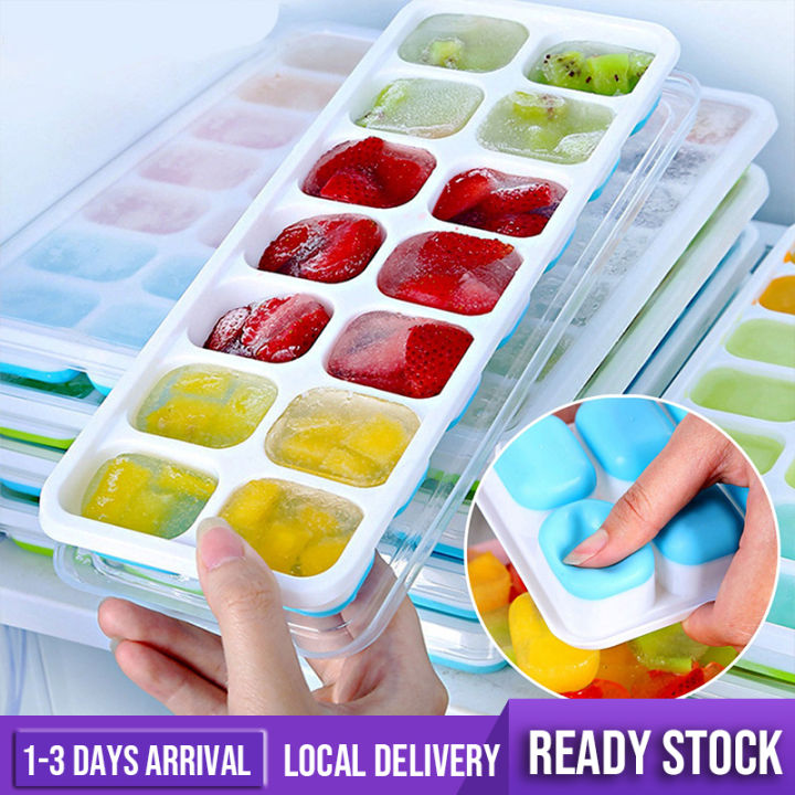 14 Holes Silicone Ice Cube Maker Tray Baby Food Maker Mold Tray Container with Lid Bekas Pembuat Ais Batu 硅胶冰格