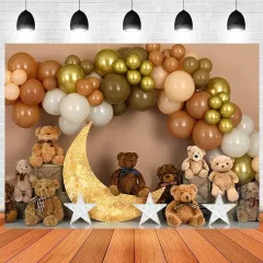 First Birthday Backdrop 6x4 FT - Bear Golden Balloons Photography Background For Baby Shower & Cake Smash