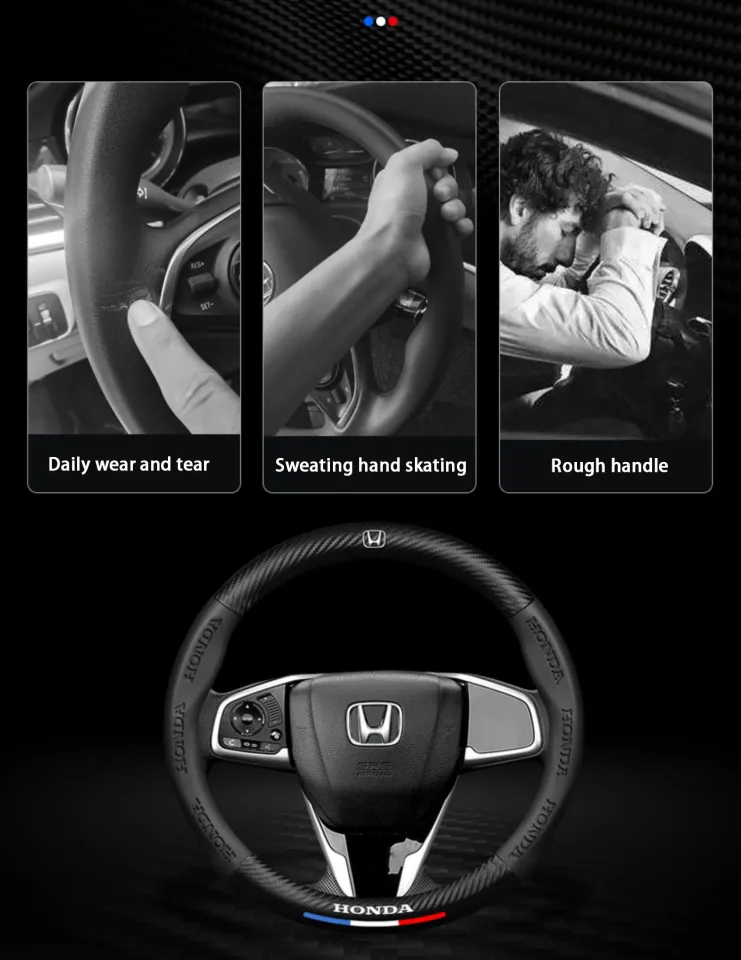 Carbon Fiber & Black Leather Steering Wheel Cover For Honda CR-V, Civic, Accord - 15 Inch, Easy Install