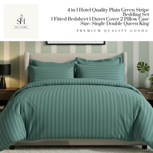 SevHome Hotel Quality 4 in 1 Plain Green Stripes Bedsheet Sets | Cotton 400 Thread Count | Beddings Bed sheet set with 1 Fitted Sheet with Garter 1 Duvet Comforter Quilt Cover 2 Pillow case | Size Single Double Queen King